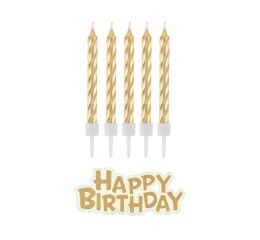 Dortové svíčky 16 ks HAPPY BIRTHDAY zlaté
