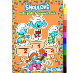 Omalovánky maluj podle barevných teček - Šmoulové