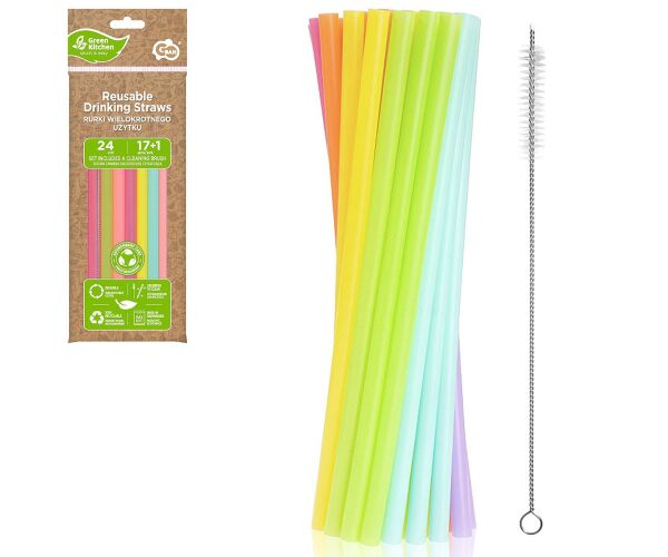 Plastové brčka JUMBO 240 mm 17 ks + štěteček znovupoužitelné