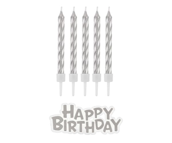 Dortové svíčky 16 ks HAPPY BIRTHDAY stříbrné