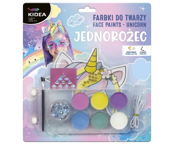 Barvy na obličej UNICORN se samolepkami, brokátem a čelenkou