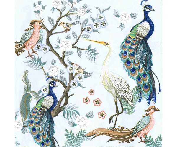 Ubrousky DAISY L (20ks) Peacocks and Heron in Garden on Blue