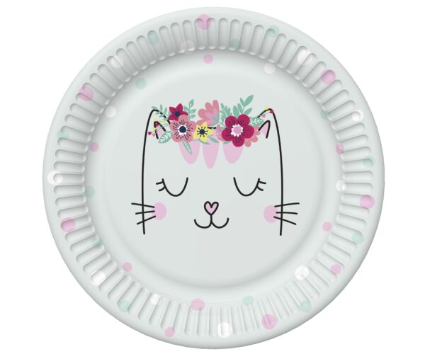 Papírový talíř velký - Smiling cat with Flowers Wreath