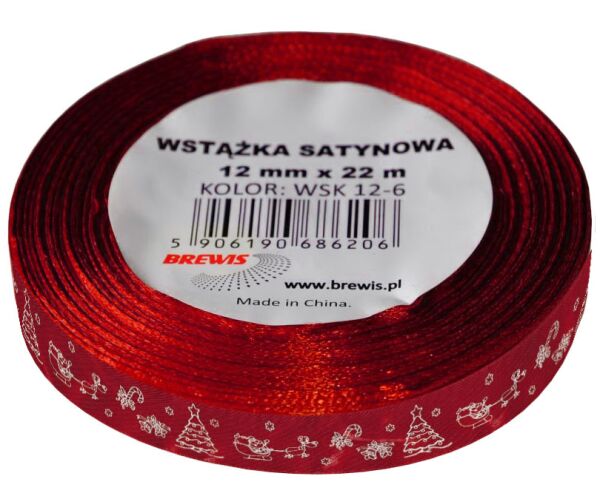 Vánoční atlasová stuha 12 mm červená - 08
