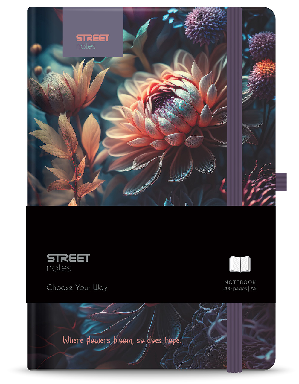 Blok FLOWERS Blossom A5 linka s gumou